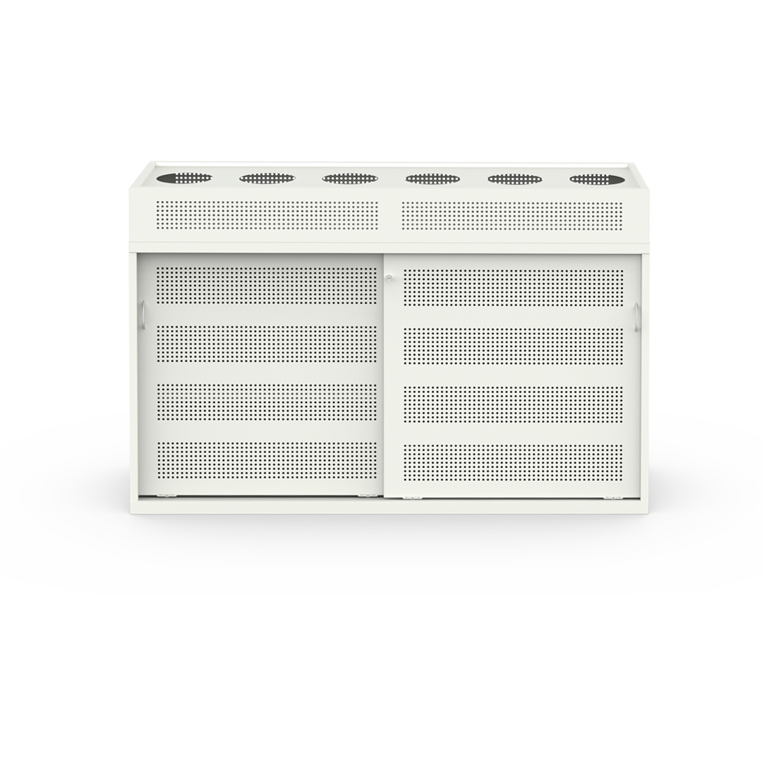 Two-door sliding storage cabinet with perforated doors, key-operated lock, and integrated planter box for six pots, finished in white satin powder coat.