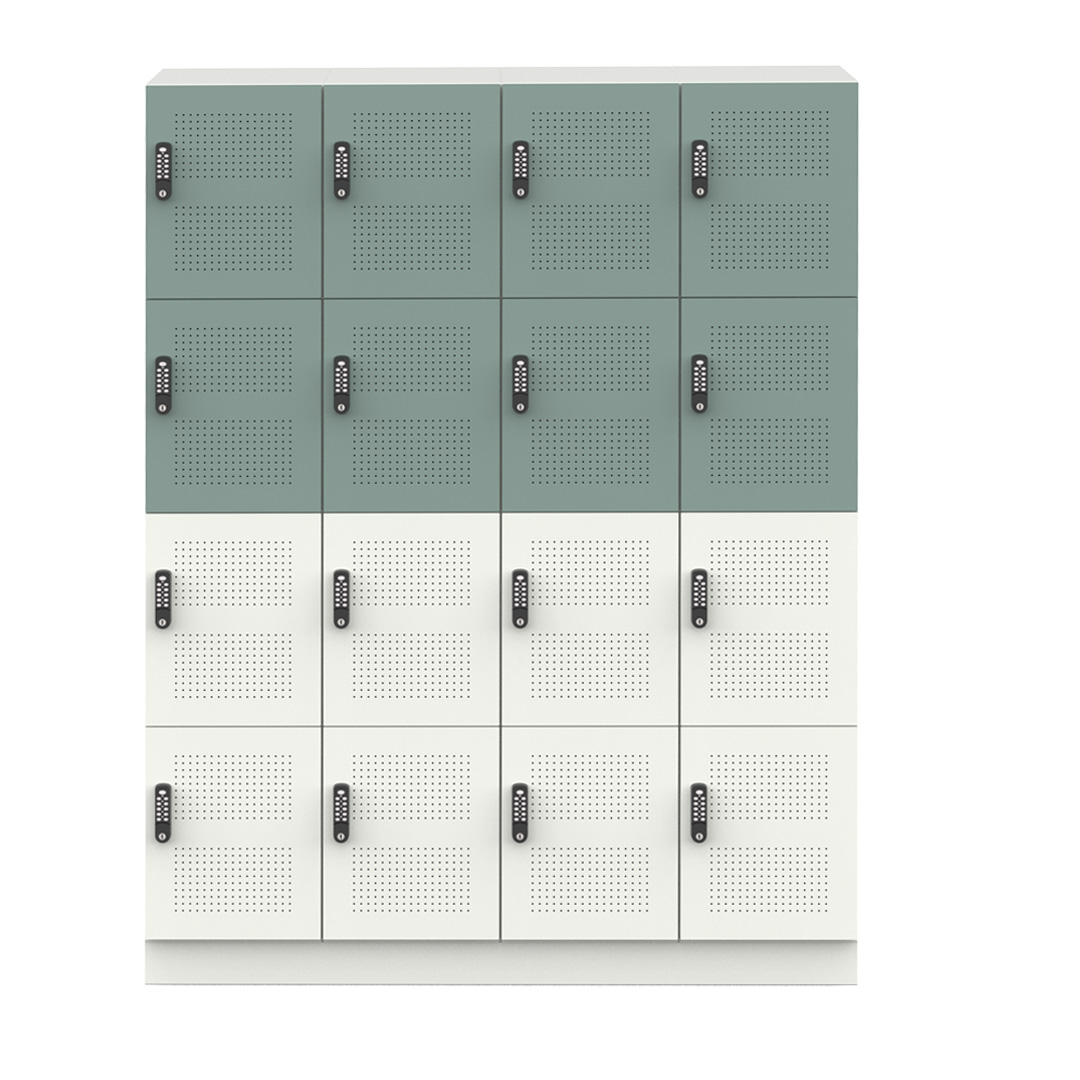Four-door, steel locker bank with digital combination locks, perforated doors, and contrasting white satin and New Life powder-coat finishes