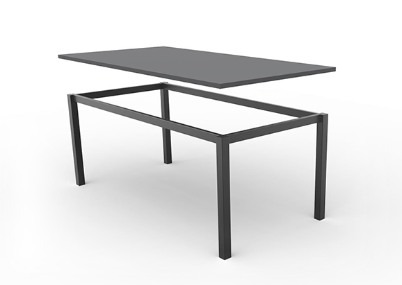 Welded steel rectangular table frame finished in black powdercoat with floating black melamine top