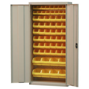 Two-door steel storage cabinet with doors open, showing yellow parts storage bins, a key-operated lock, and a grey powder-coat finish
