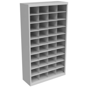 40-bay steel open pigeonhole shelving cabinet in 10×4 configuration, finished in grey powder‑coat
