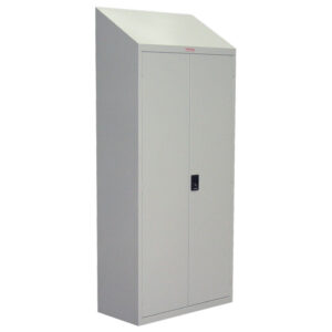 Two-door steel storage cabinet with sloping top, key-operated lock, and grey powder-coat finish