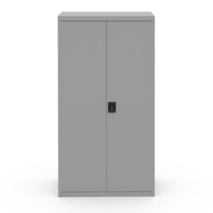 Two-door steel garment back-up storage cabinet with key-operated lock, and grey powder-coat finish