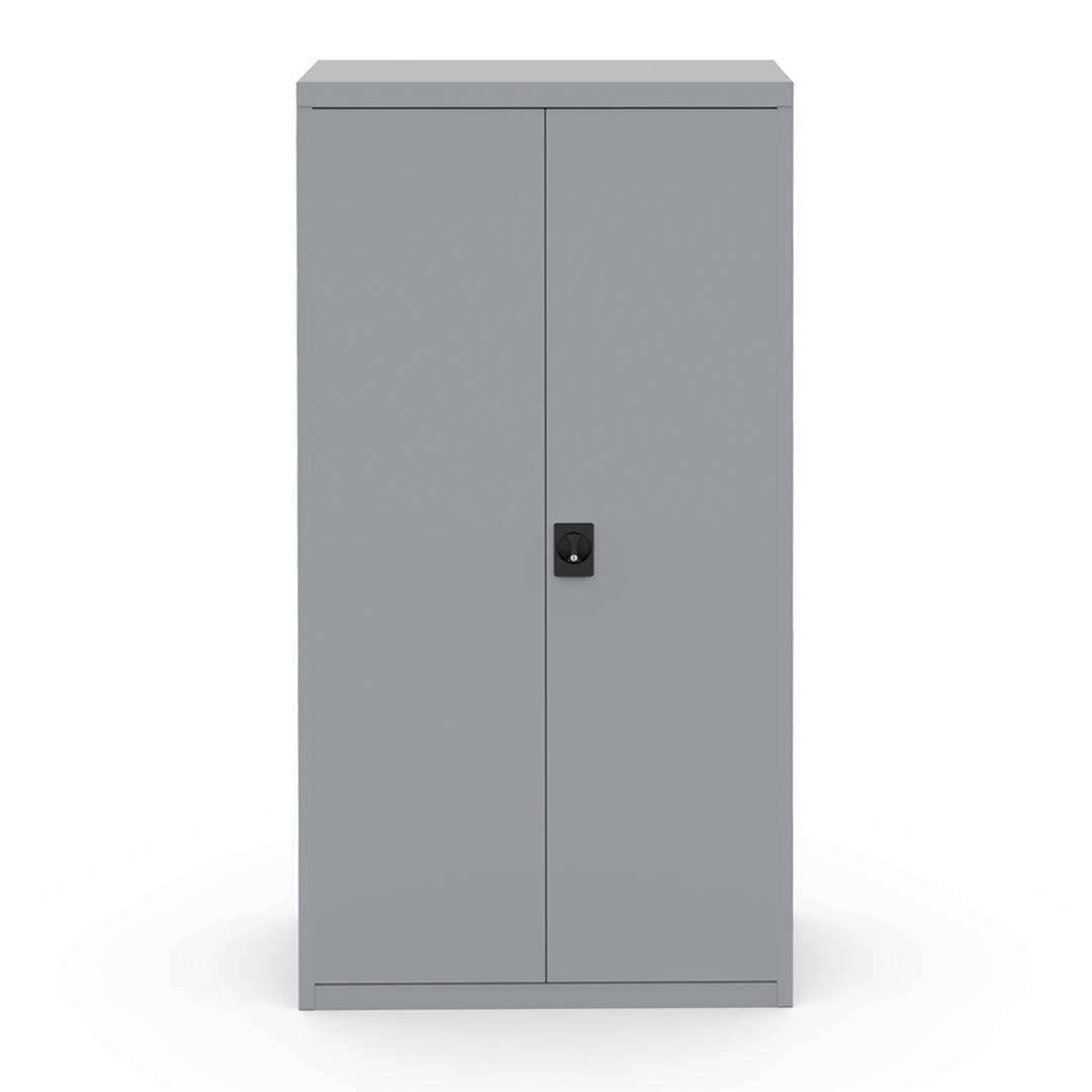 Two-door steel garment back-up storage cabinet with key-operated lock, and grey powder-coat finish