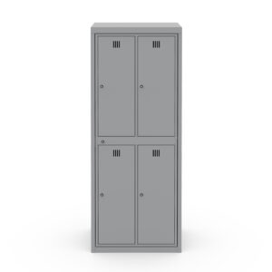 Four-door steel garment hanging locker featuring single service door, ventilation slots, key locks and grey powdercoat finish