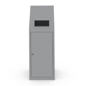 Steel garment repair bin cabinet with garment collection chute, single service door, a key-operated lock, and a grey powder-coat finish