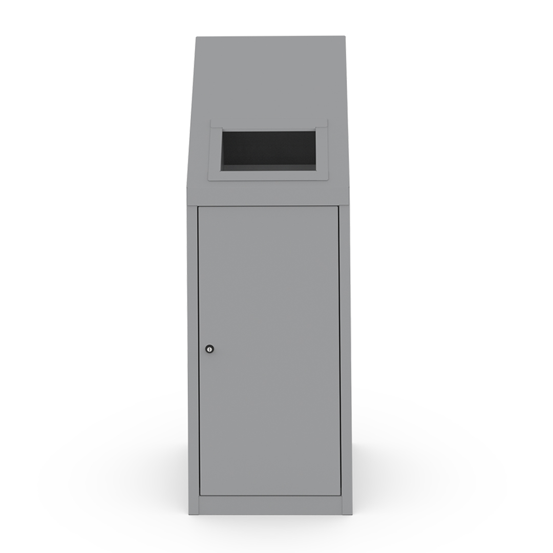 Steel garment repair bin cabinet with garment collection chute, single service door, a key-operated lock, and a grey powder-coat finish