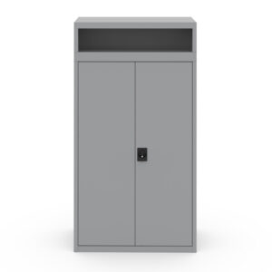 Steel garment soil bin cabinet with an overhead garment collection chute, two service doors, a key-operated lock, and a grey powder-coat finish