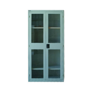 Two-door, steel storage cabinet with perspex inserts, a key-operated lock, and a blue powder-coat finish