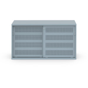 Two-door, premium sliding door storage cabinet with perforation patterns, key-operated lock system, and Preschool powder-coat finish