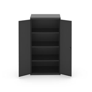 Two-door steel storage cabinet with doors open, showing four internal shelves, key-operated lock system, and black satin powder-coat finish