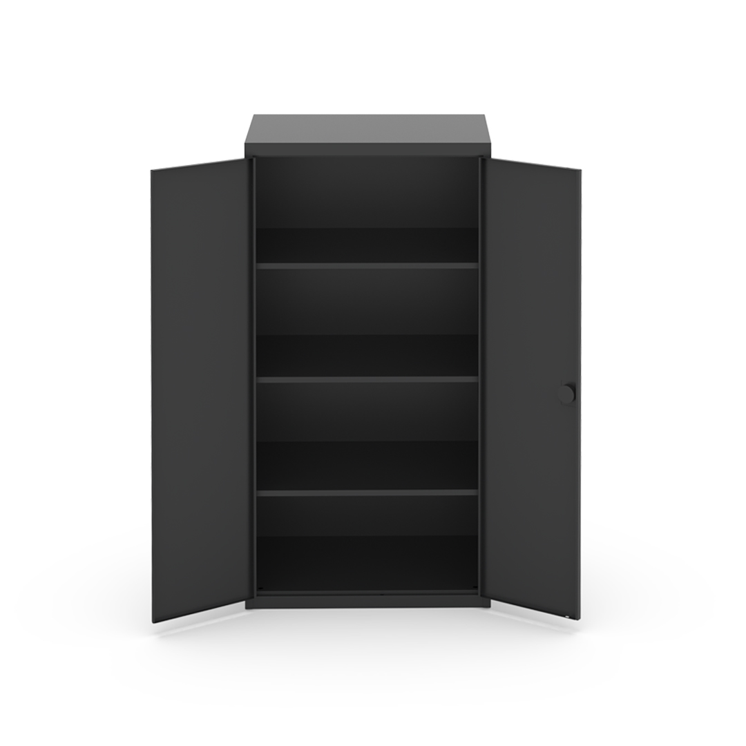 Two-door steel storage cabinet with doors open, showing four internal shelves, key-operated lock system, and black satin powder-coat finish