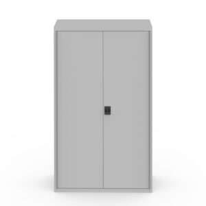 Two-door heavy duty industrial steel storage cabinet with full length piano hinges, key lock and grey powdercoat finish