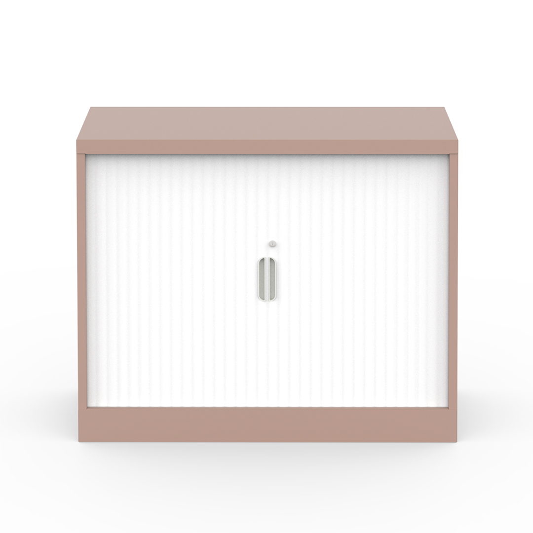 Steel tambour storage cabinet with slatted tambour door, key lock and Pink Sand powdercoat finish