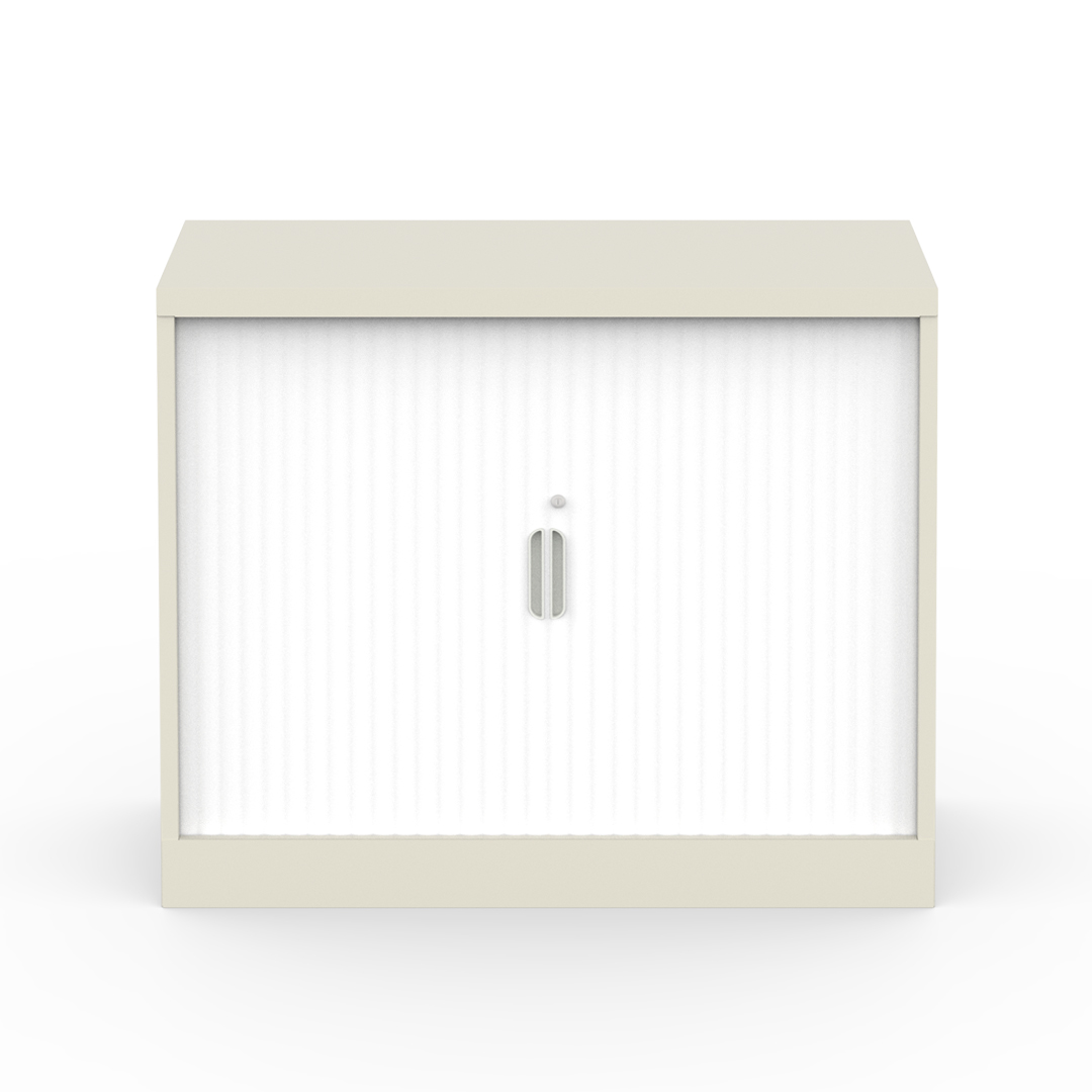 Steel tambour storage cabinet with slatted tambour door, key lock and Whisper White powdercoat finish