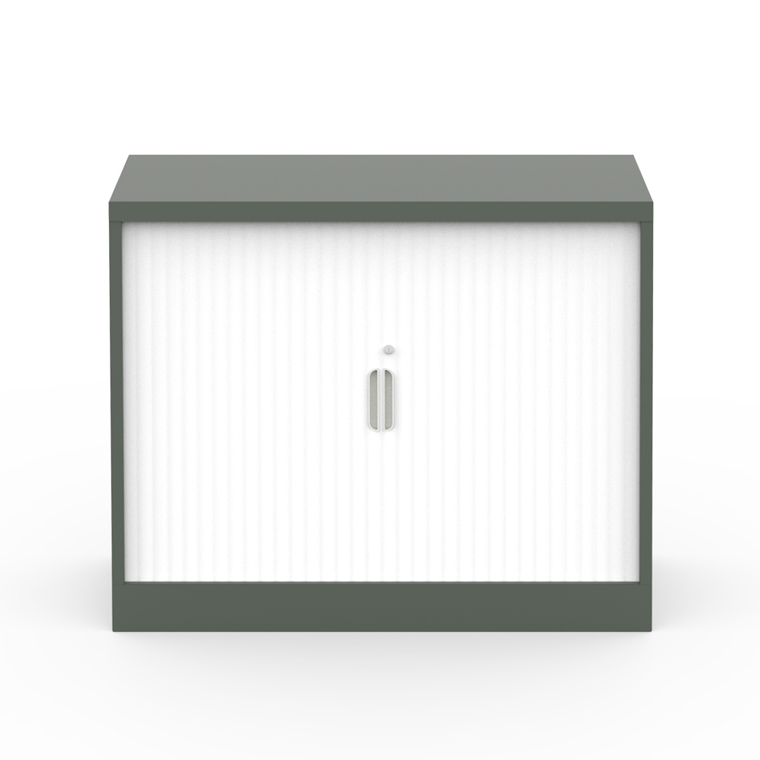 Steel tambour storage cabinet with slatted tambour door, key lock and Wilderness powdercoat finish