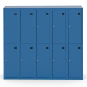 Two-door steel locker bank with key locks, ventilation slots, and blaze blue powder-coat finish