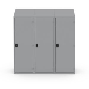 Single-door steel police uniform lockers with sloped top, key locks and grey powdercoat finish