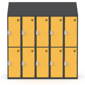 Two-door, heavy duty zinc-coated steel lockers with sloped tops, ventilation slots, and contrasting yellow and black powder coat finishes